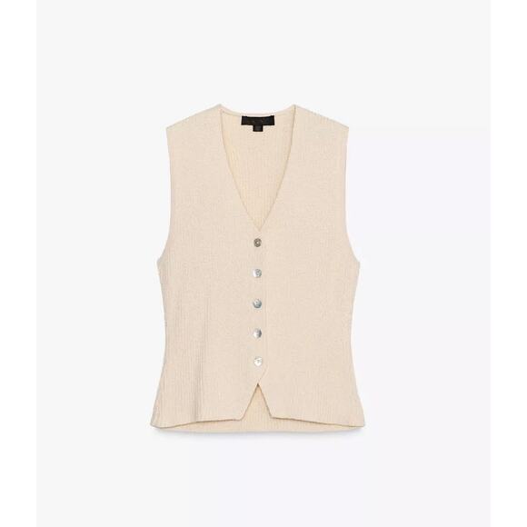 Zara V-Neck Knit Vest Cardigan Top Ecru Cream Large Preppy Cottagecore - Picture 4 of 10